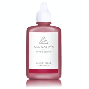 Aura-Soma pomander p04 tmavě červený je v plastové lahvičce ve verzi 25ml. Na obalu je etiketa se značkou Aura-Soma a nápisem "Deep red" .