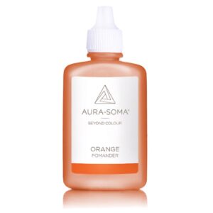 Aura-Soma pomander 06 oranžový v plastové lahvičce. Na lahvičce je etiketa se značkou Aura-Soma a nápisem "orange" . Je to verze 25ml.