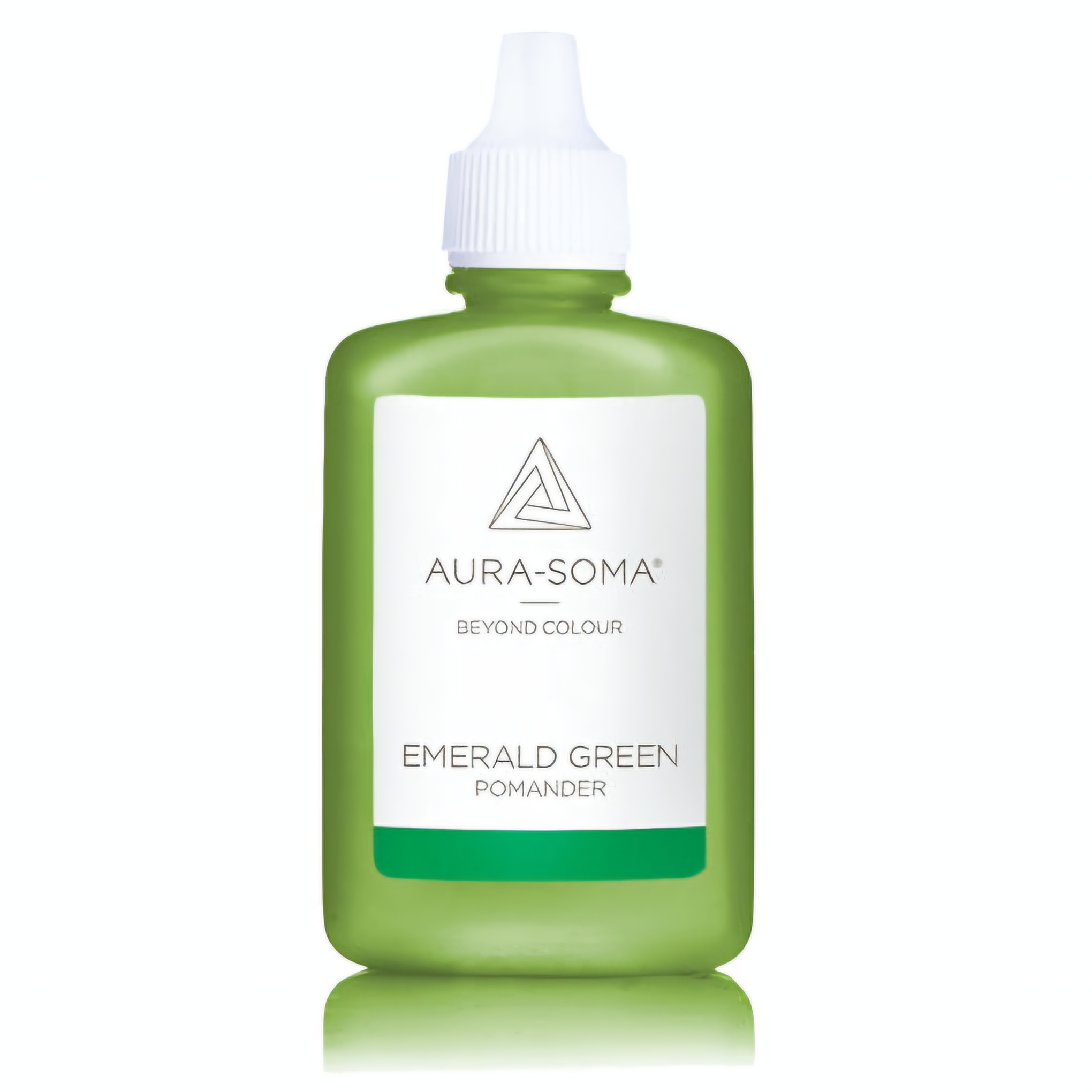 Aura-Soma esence pomander P10 Smaragdově zelený. Esence je v plastové lahvičce ve verzi 25ml. Na obalu je značka Aura-Soma a nápis 