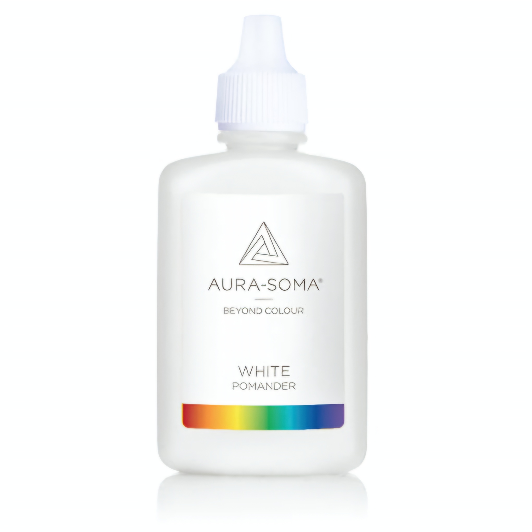 Aura-Soma pomander p01 Bílý je esence v plastové lahvičce ve verzi 25ml. Na etiketě je duhový pruh a značka Aura-Soma a nápis 